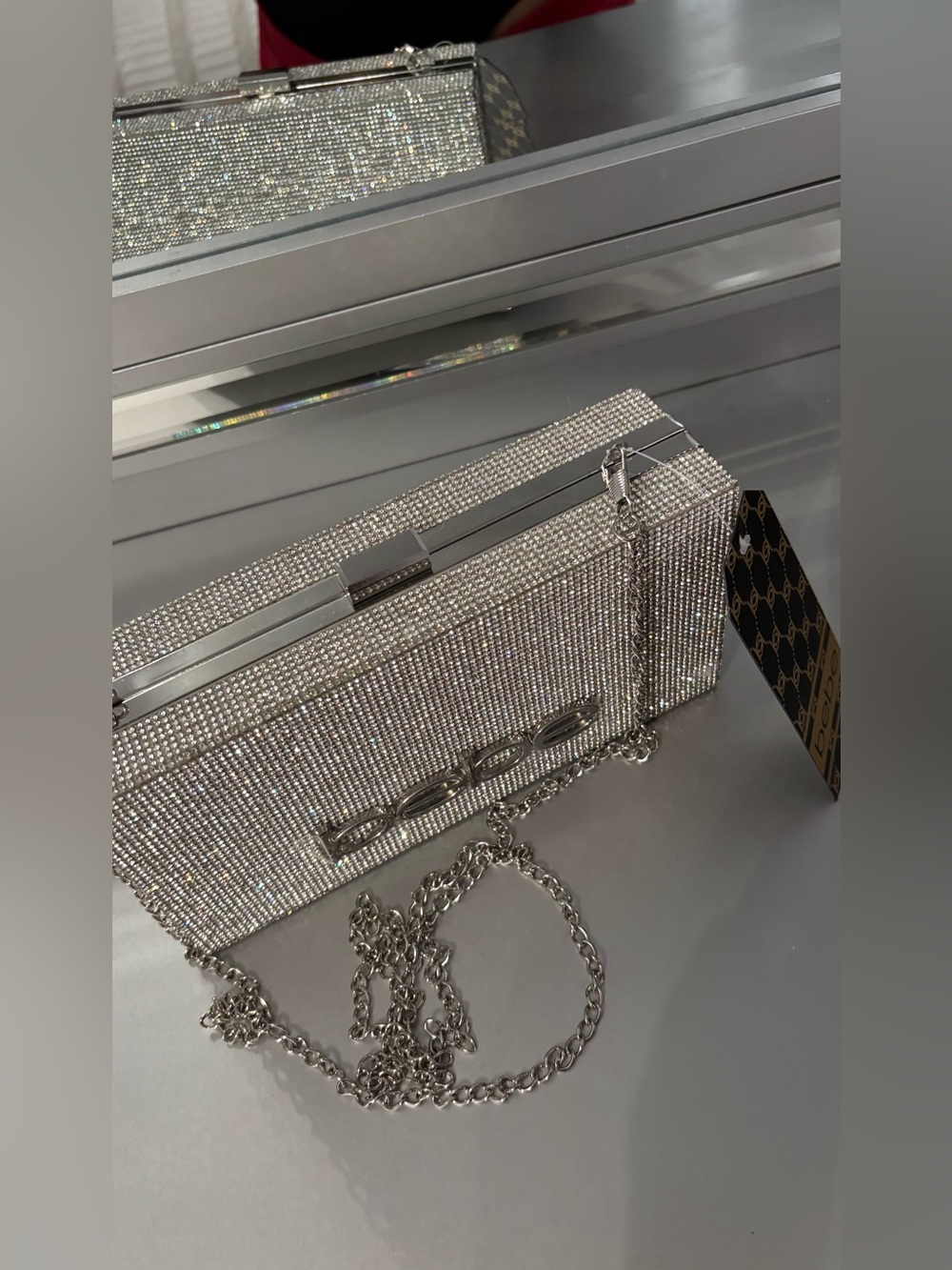 BEBE Silver Crystal Logo Evening Clutch - Picture 4 of 9